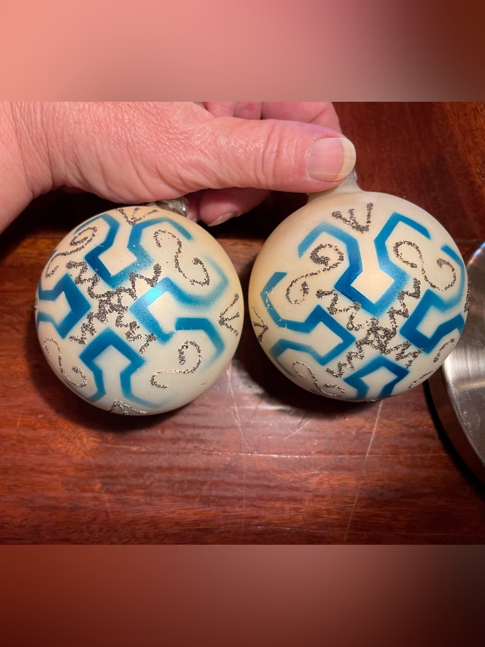 Hand-Painted Cream and Blue Decorative Glass Ornaments - Set of 2